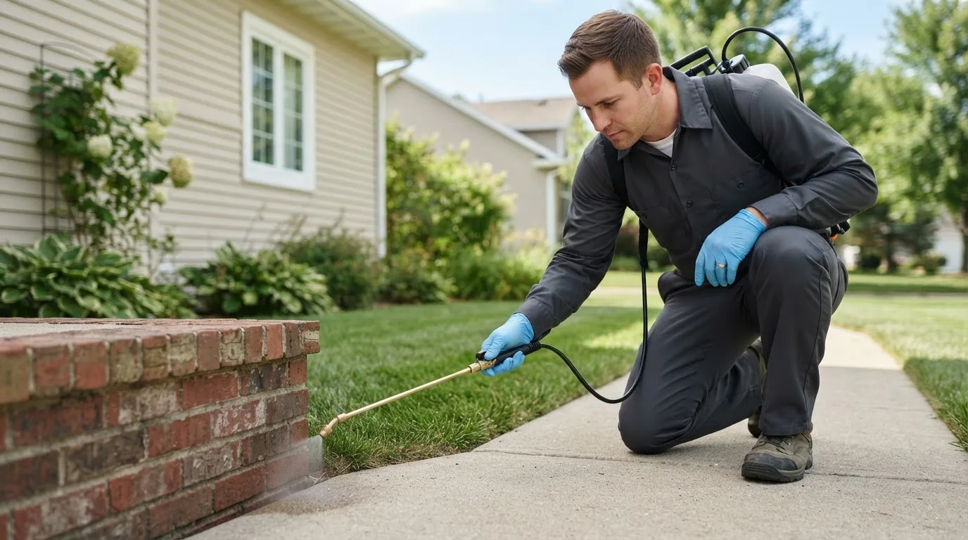 Pest control technician treating a home near Reading, PA